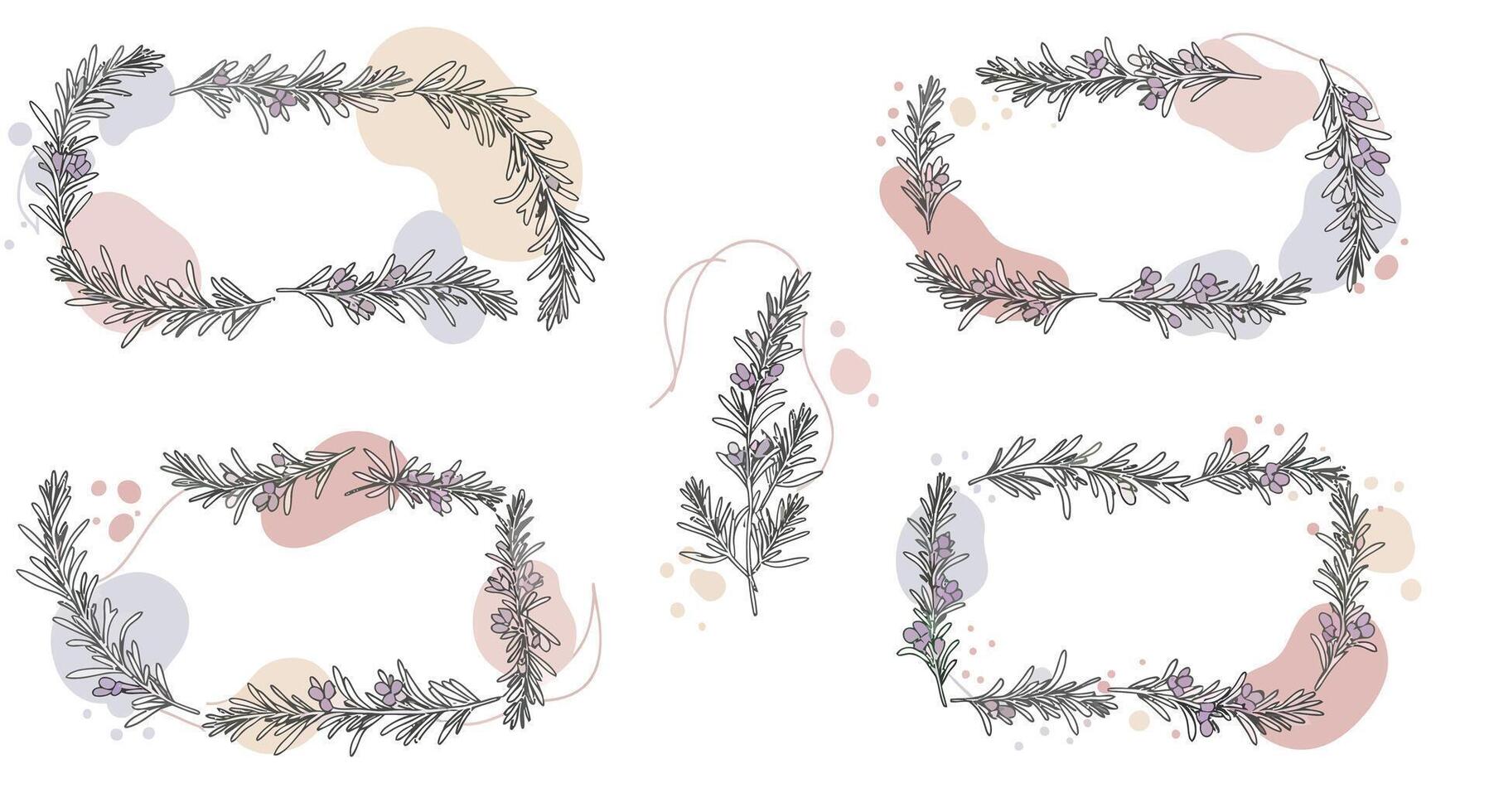 Delicate floral wreaths with soft abstract shapes in minimal pastel color scheme flat illustration vector