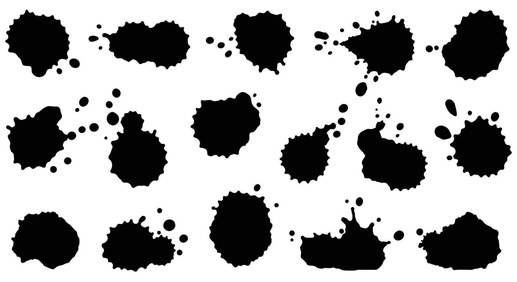 Set of various black ink splatters in flat design style with irregular shapes and random droplets illustration vector