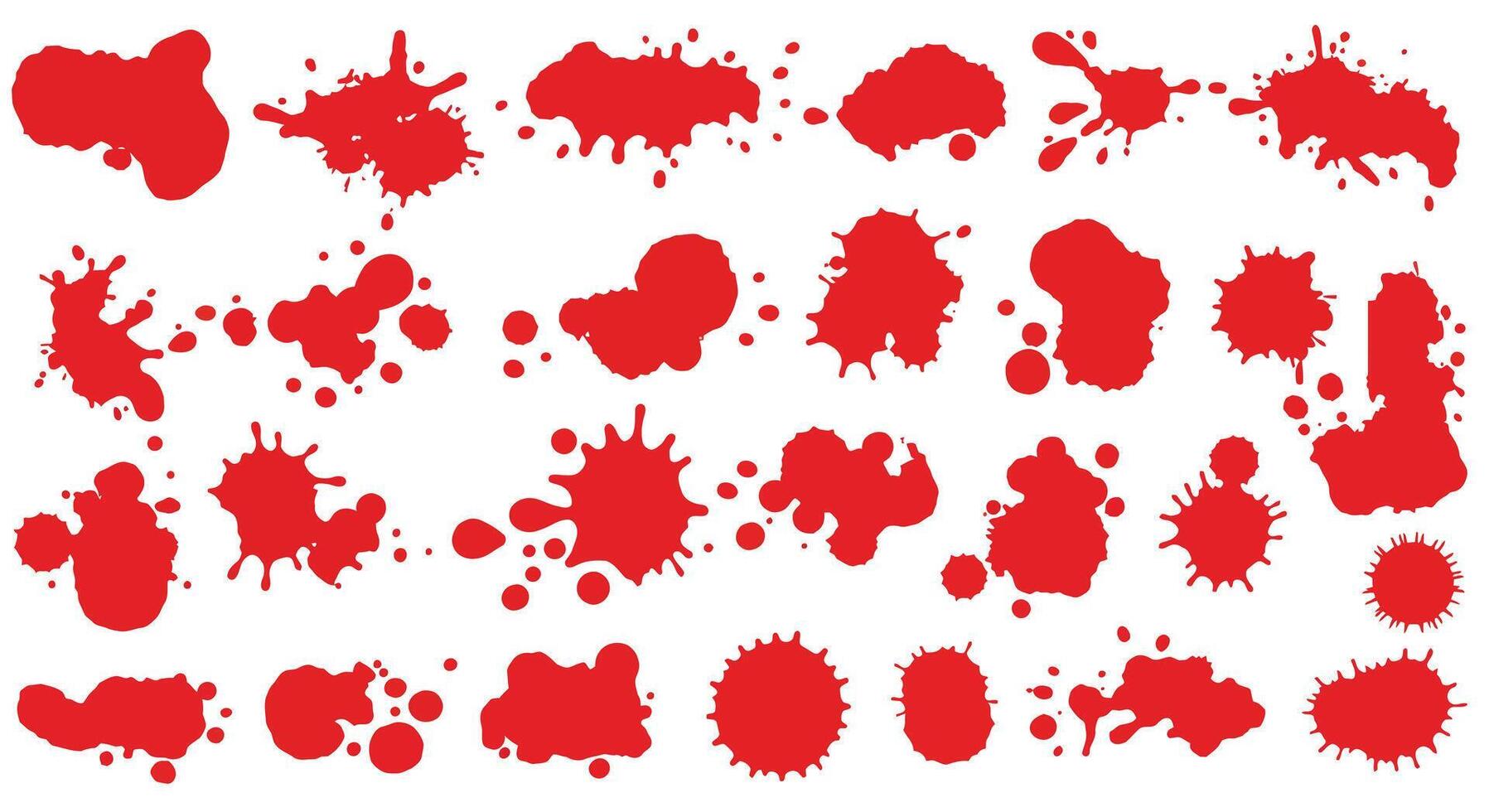 Red paint splatters collection in flat design style with various shapes and sizes for creative artistic use art vector