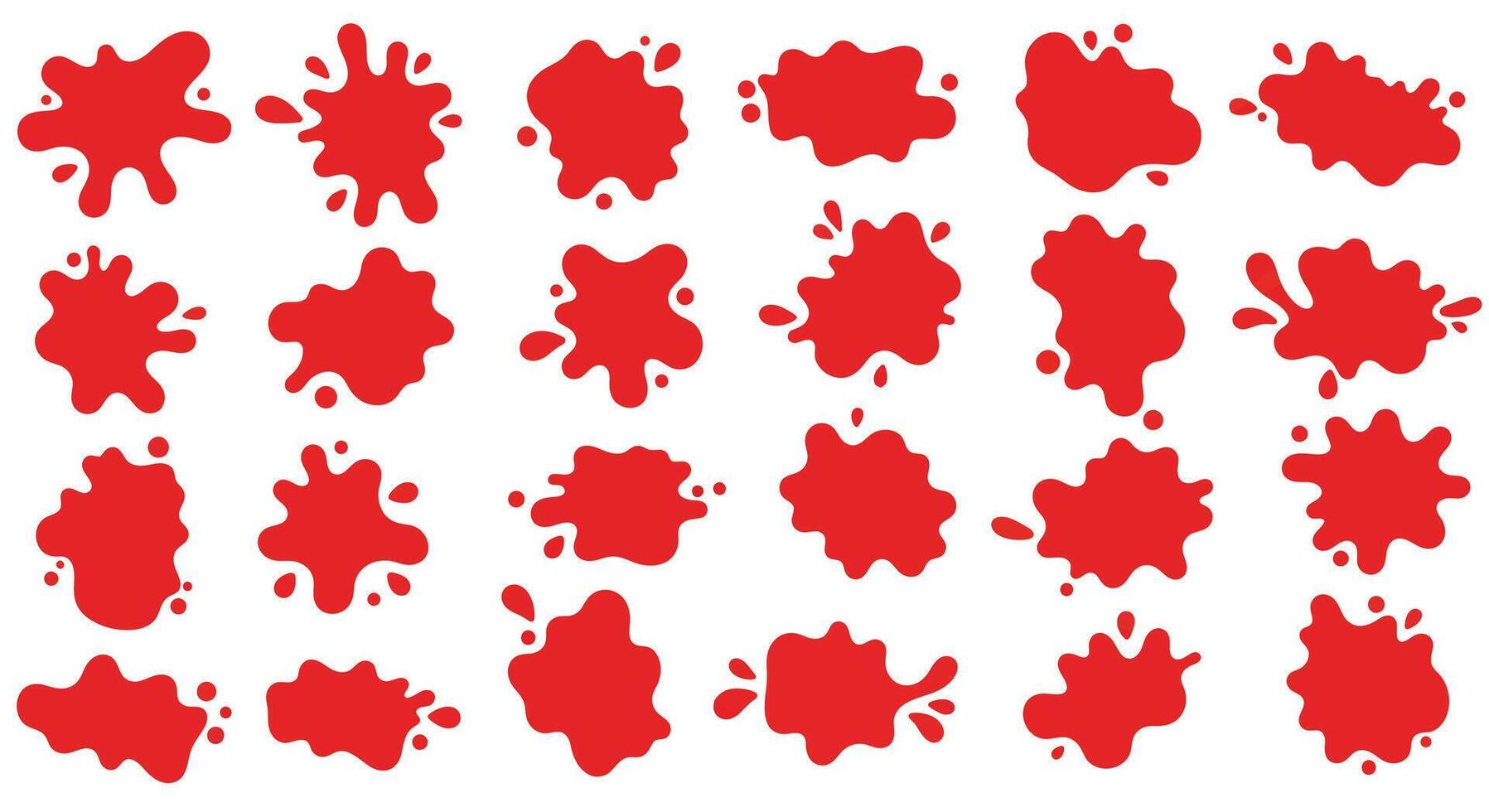 Red paint splatters collection in simple flat style with varied shapes and sizes isolated on white background art vector