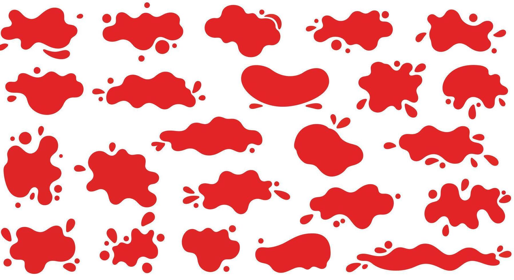 Collection of abstract red paint splatter shapes in flat style with irregular contours and scattered droplets illustration vector