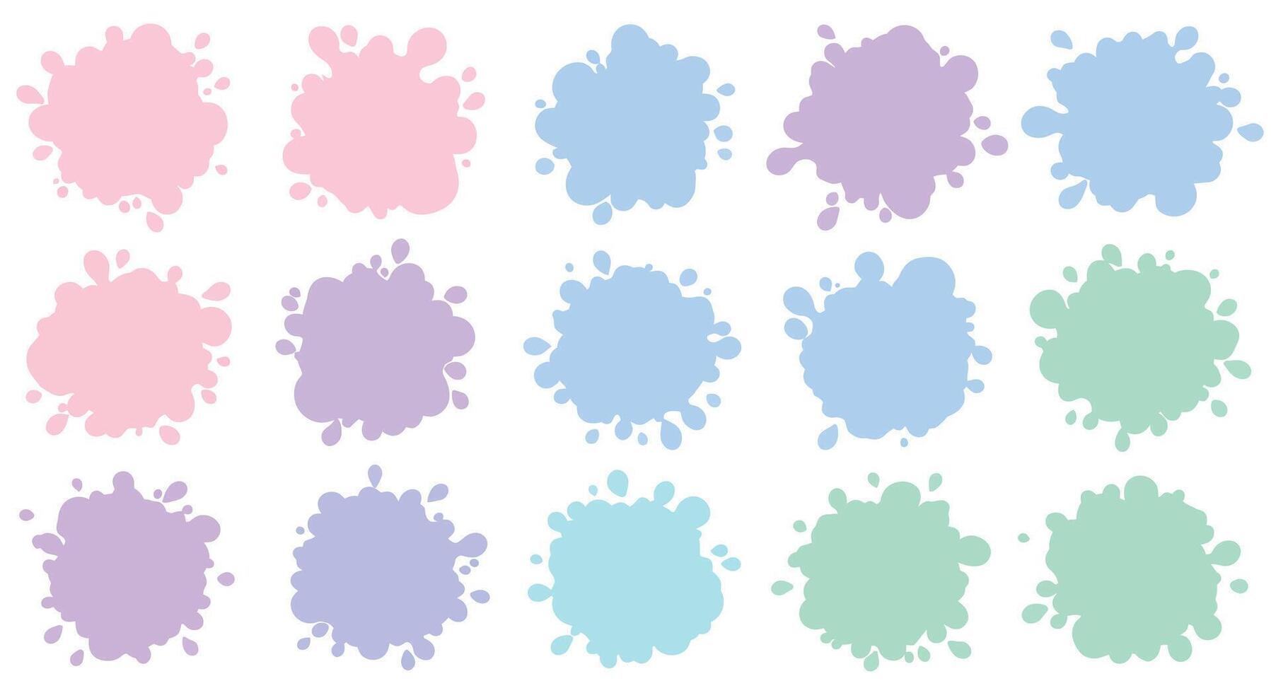 Colorful pastel paint splatter shapes in flat design style arranged in rows with soft blue, pink, purple, and green hues art vector