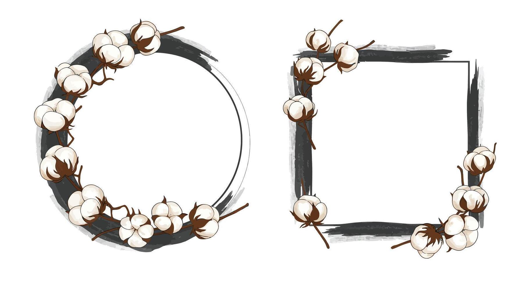 Cotton branch decorative frames with minimal brushstroke design in neutral colors flat style illustration vector