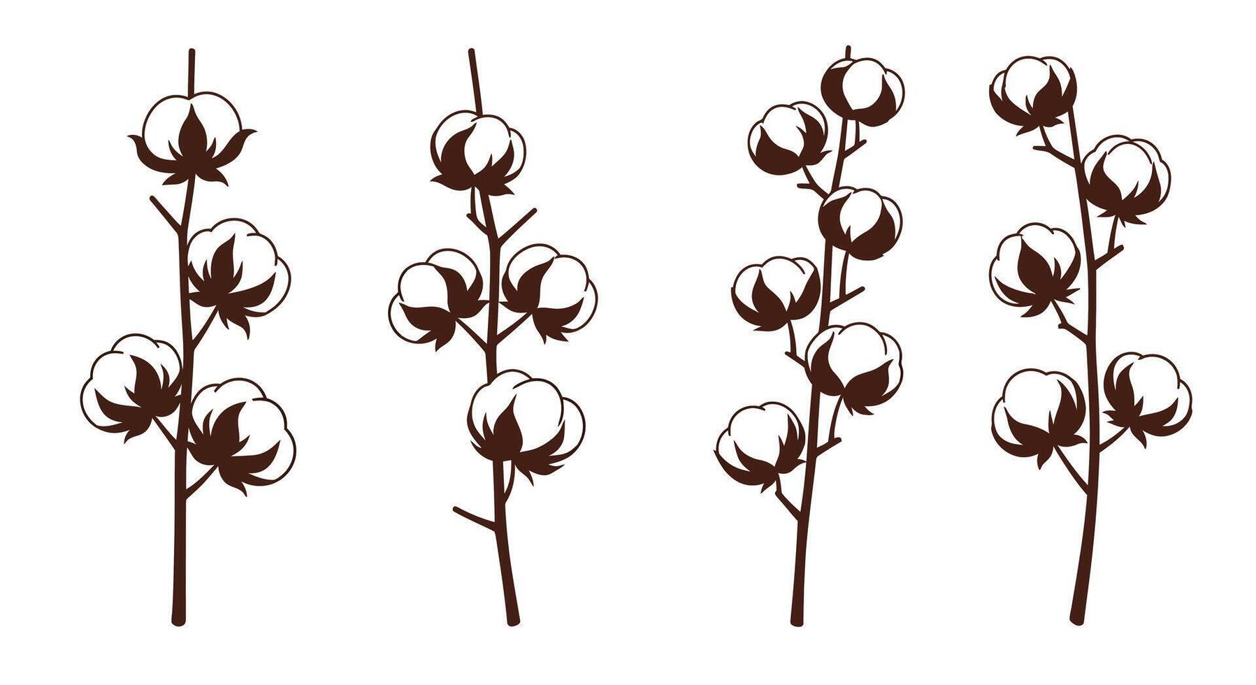 Cotton plant branches with white fluffy bolls in minimal flat design natural agricultural illustration vector