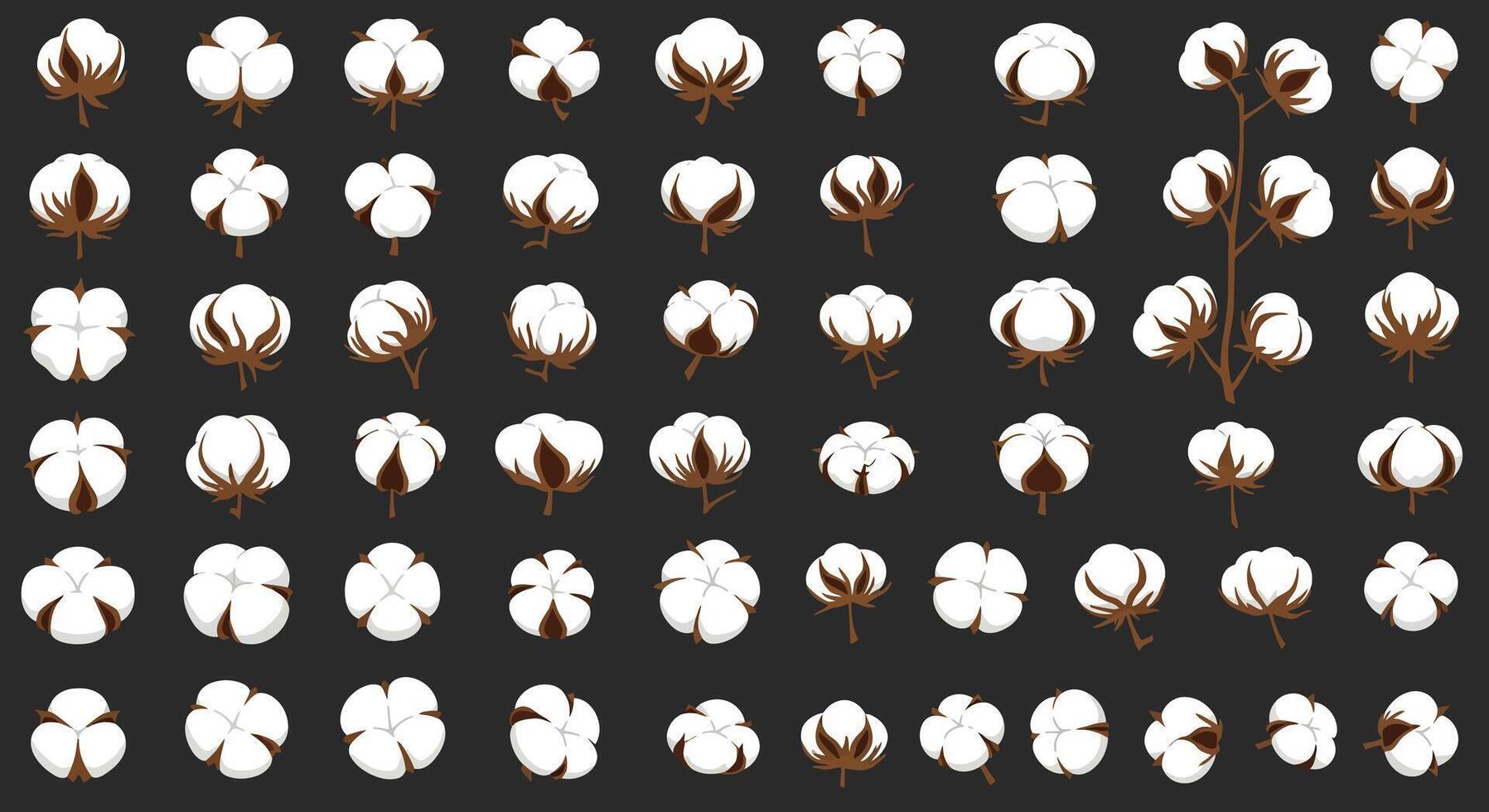 Cotton bolls pattern in flat style with white fluffy fibers and brown stems seamless art vector