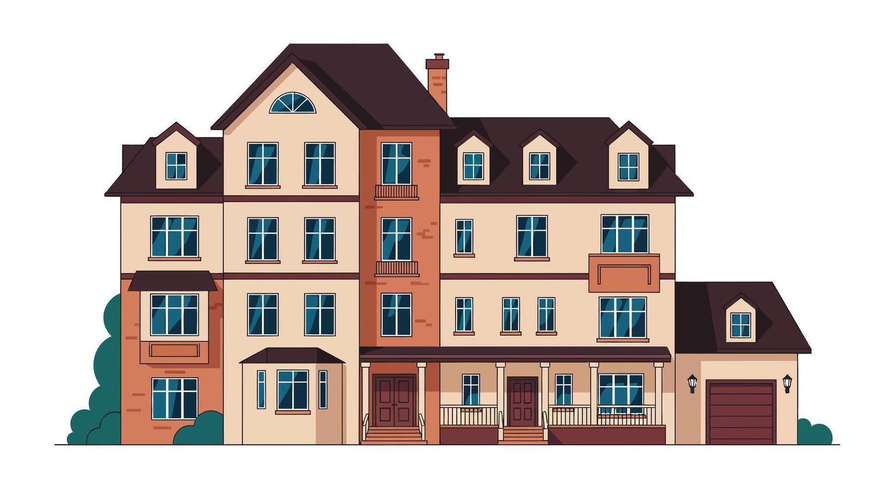 Large residential multi-story house with brick and beige exterior flat detailed design illustration vector