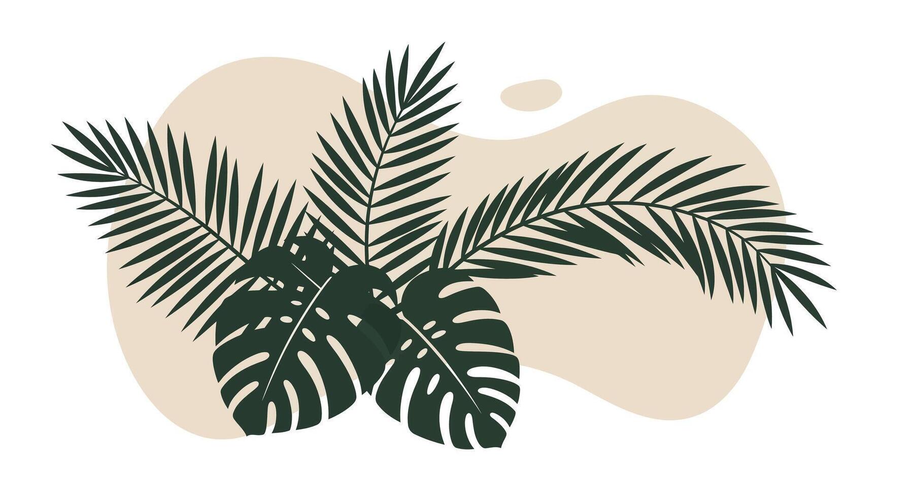 Tropical green palm and monstera leaves with beige abstract background flat design illustration vector