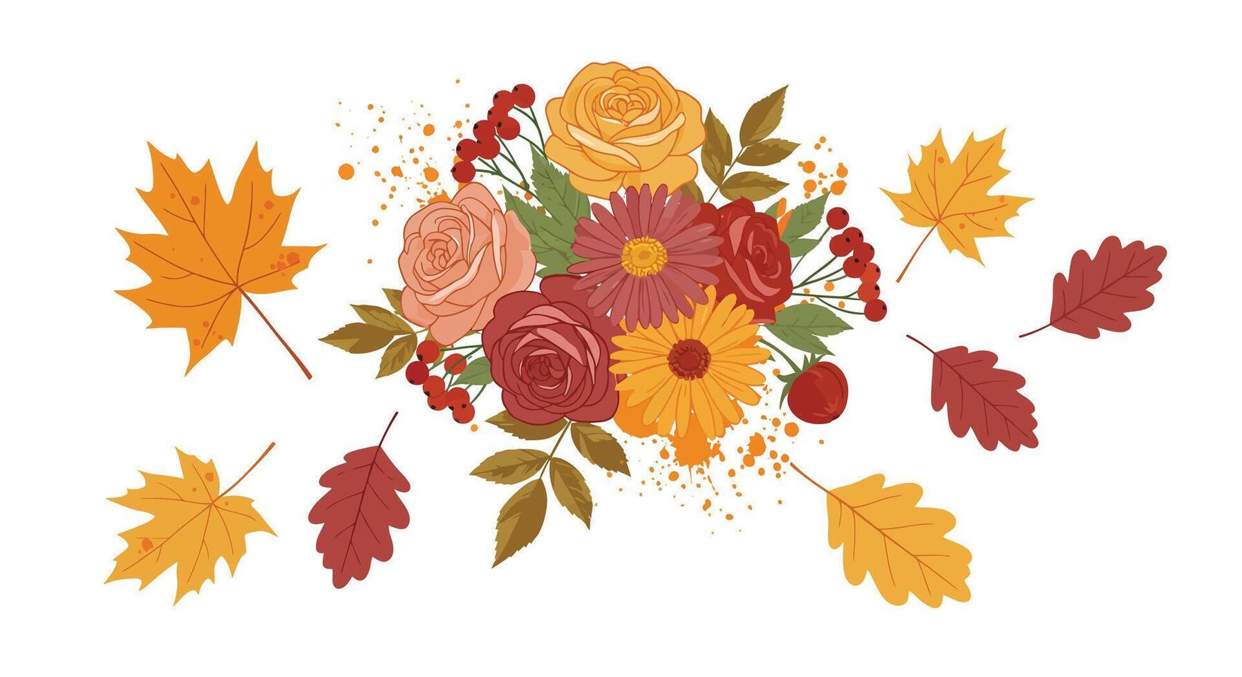 Autumn floral bouquet with colorful fall leaves in flat detailed style illustration vector