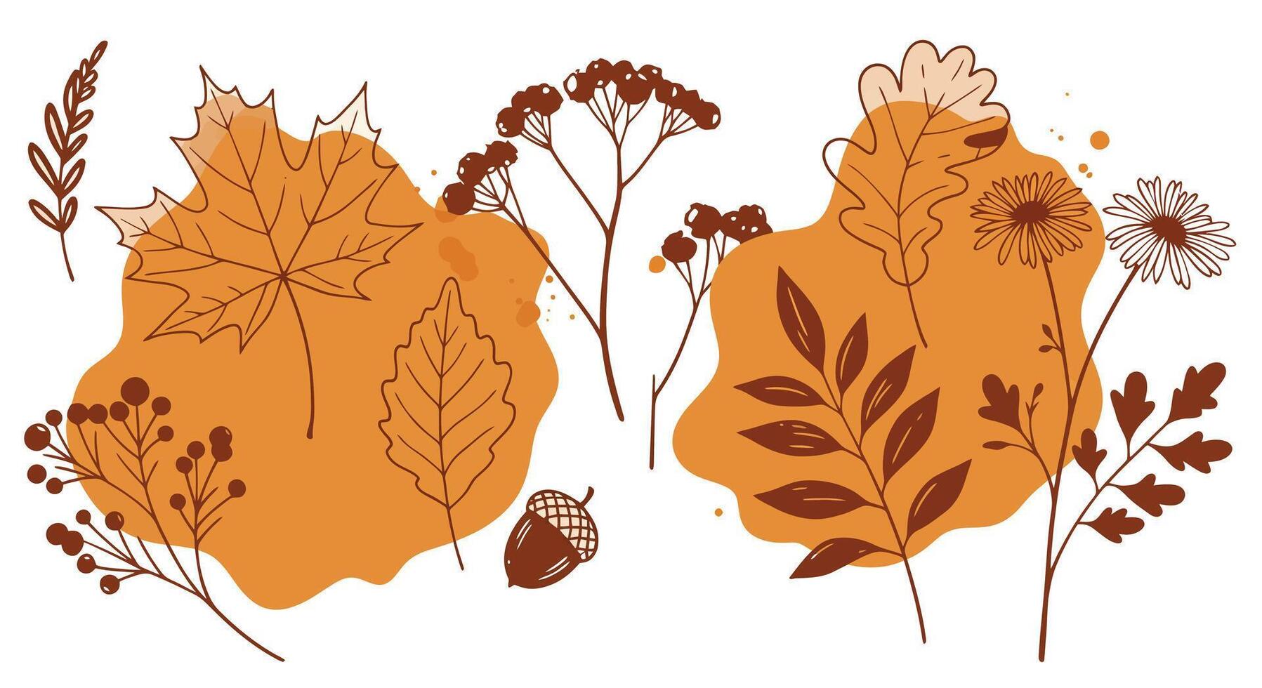 Autumn leaves and plants with acorn in minimal flat design natural elements illustration vector