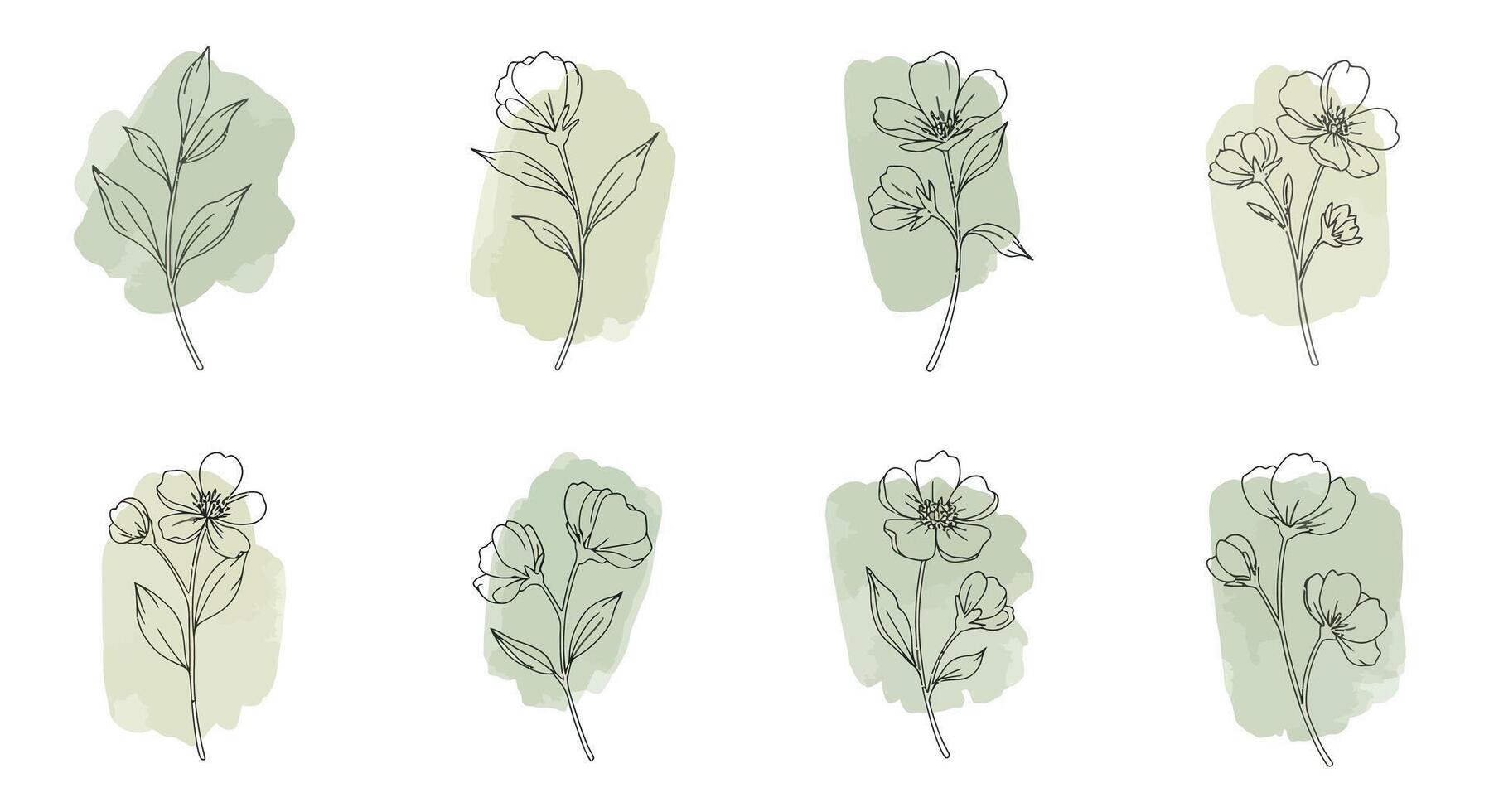 Minimalistic green leaves with delicate black line details on soft pastel backgrounds flat botanical illustration vector
