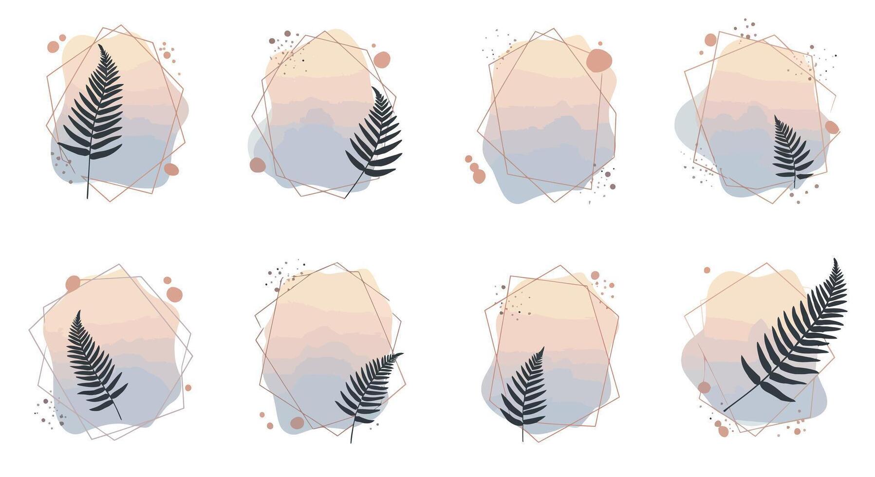 Monochrome fern leaf silhouettes with abstract pastel shapes and textured brush strokes in minimal flat illustration vector