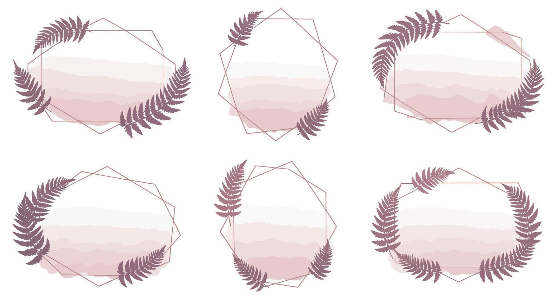 Set of six minimal pink and beige geometric frames with delicate fern leaves in flat design art vector