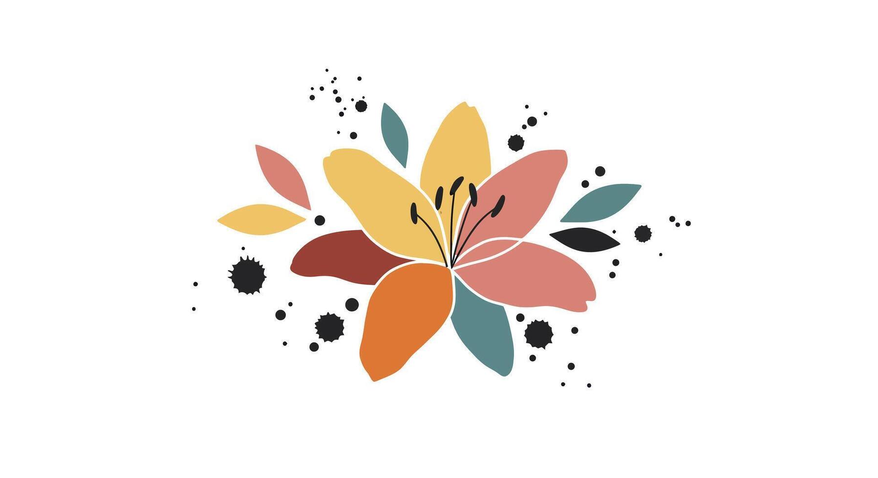 Colorful abstract floral bouquet with leaves and petals in flat minimal style illustration vector
