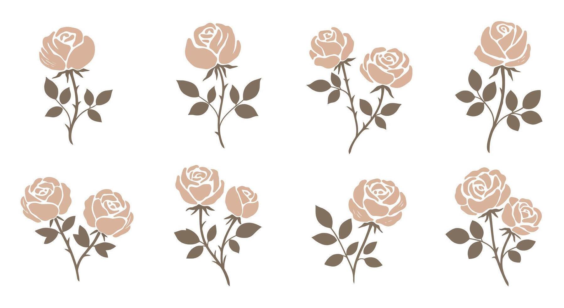 Delicate beige roses with green leaves in minimal flat design arranged in seamless pattern illustration vector