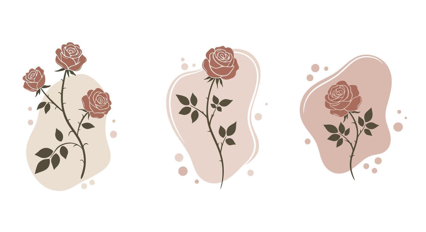 Elegant single and multiple rose stems with leaves in muted earthy tones minimal flat design illustration vector