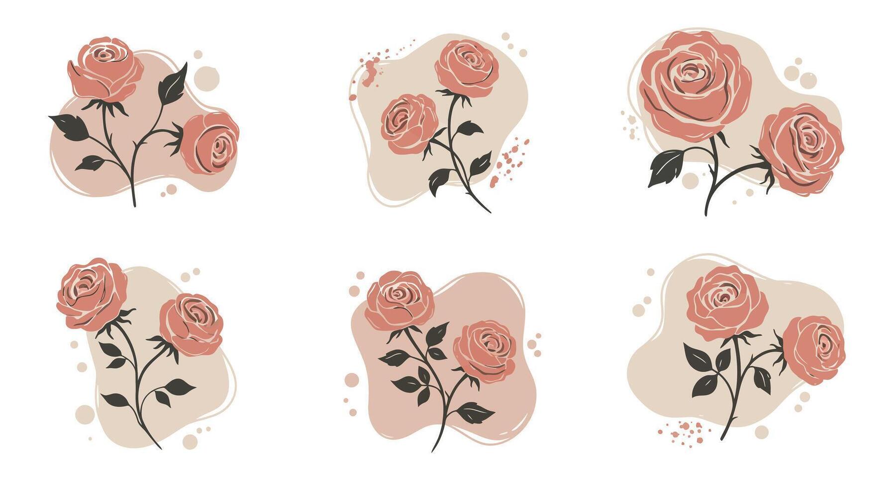 Pink rose flower branches with leaves in minimal flat design style with soft abstract accents illustration vector