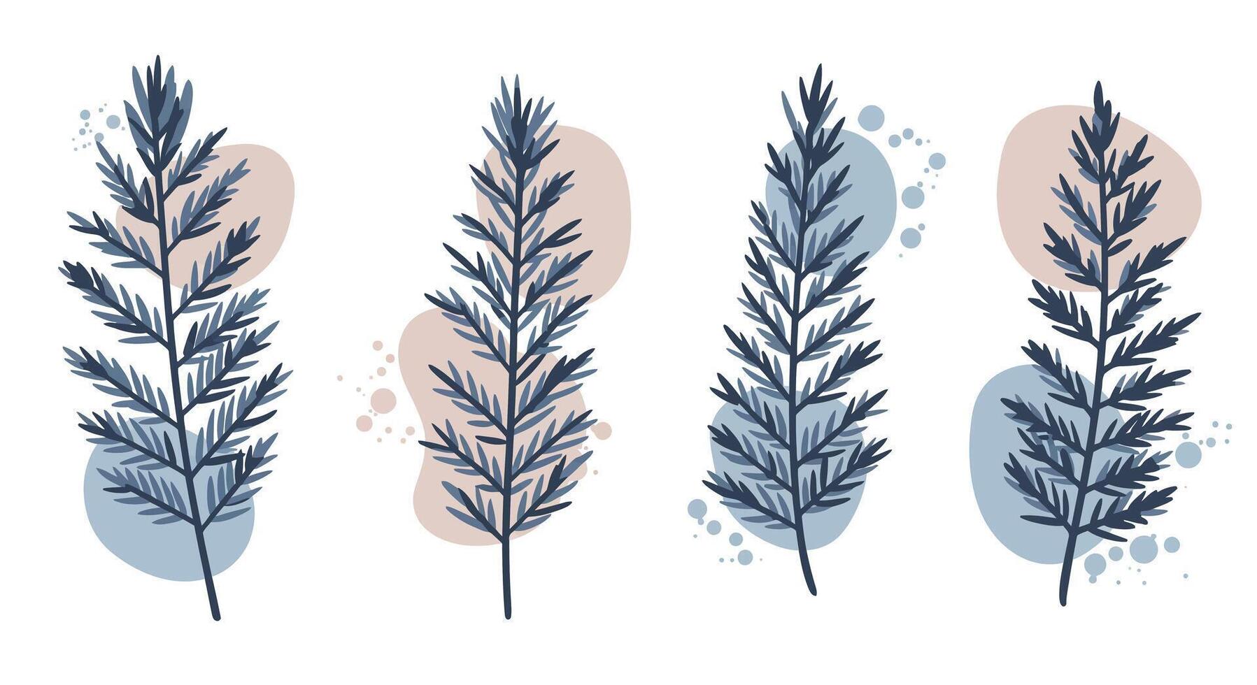 Four delicate pine branches with soft pastel abstract spots in minimal flat style illustration vector