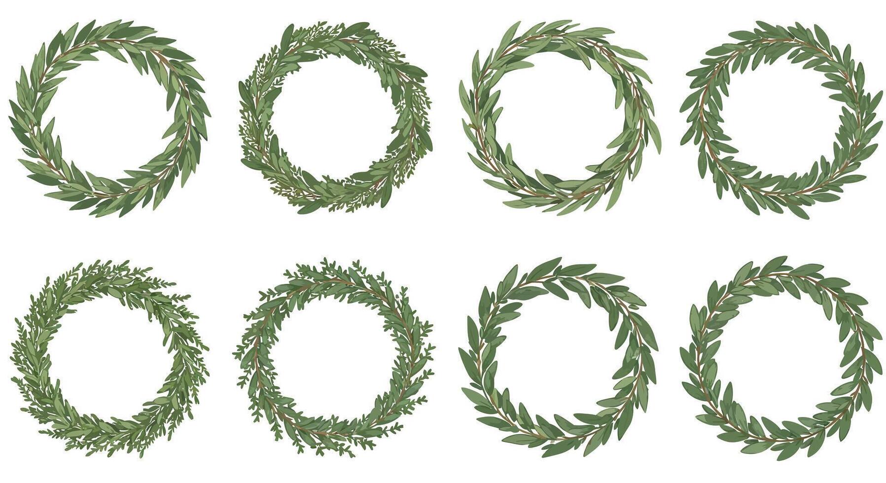 Eight different green leafy wreaths with natural flat design style on white background art vector