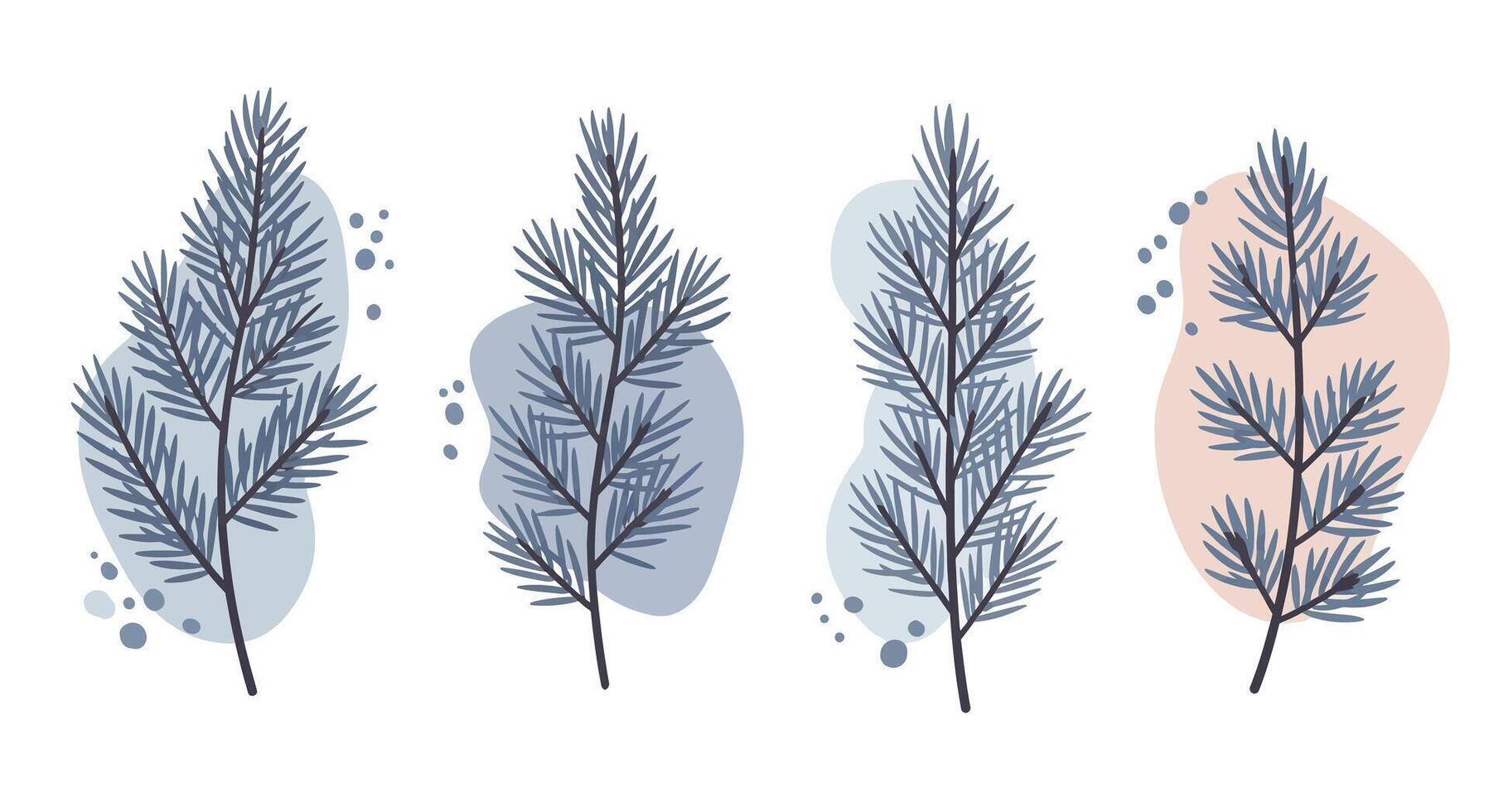 Set of four delicate pine branch silhouettes with soft abstract backgrounds in minimal flat design illustration vector