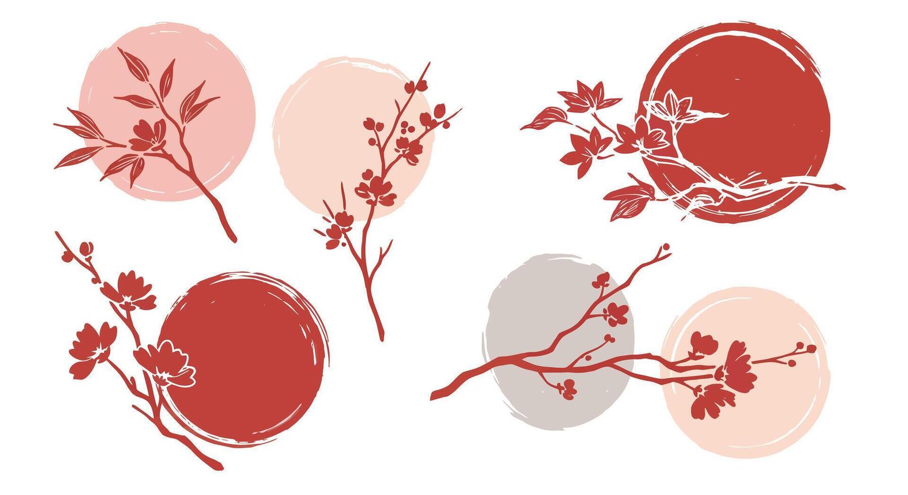 Red and beige floral branches with circular shapes in minimal flat design illustration vector