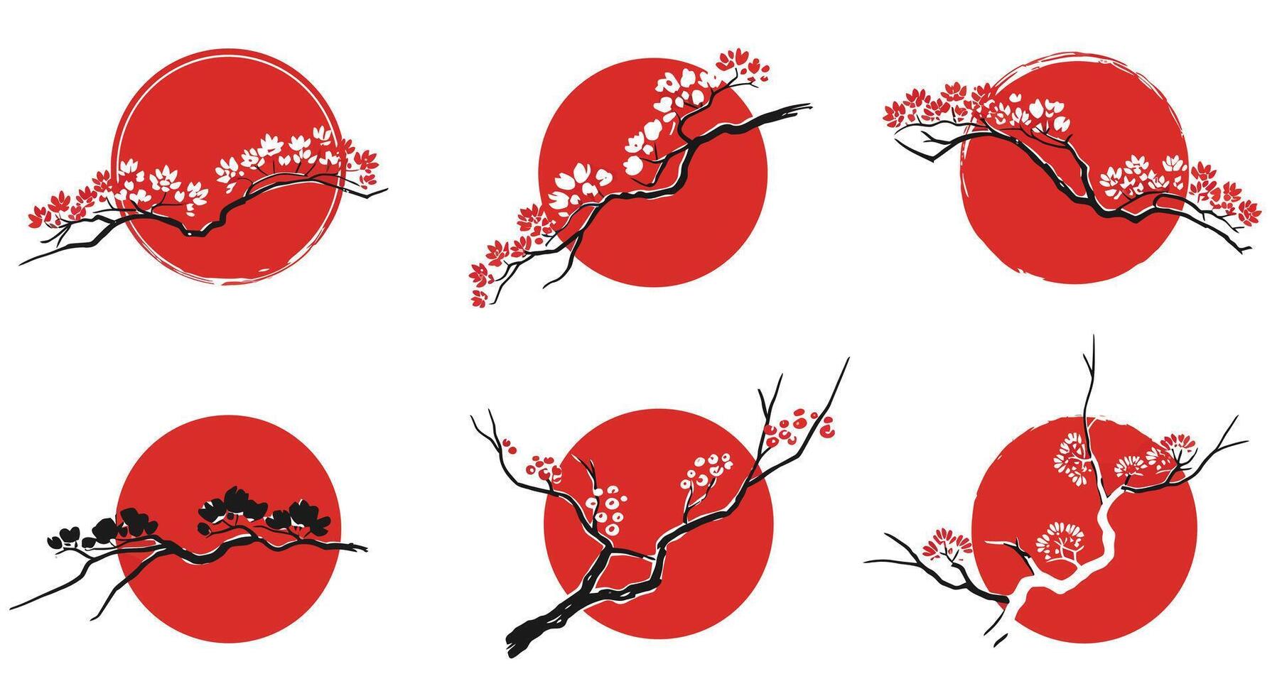 Cherry blossom branches with red sun circle flat design minimal illustration showing floral nature elements and elegant Japanese style vector