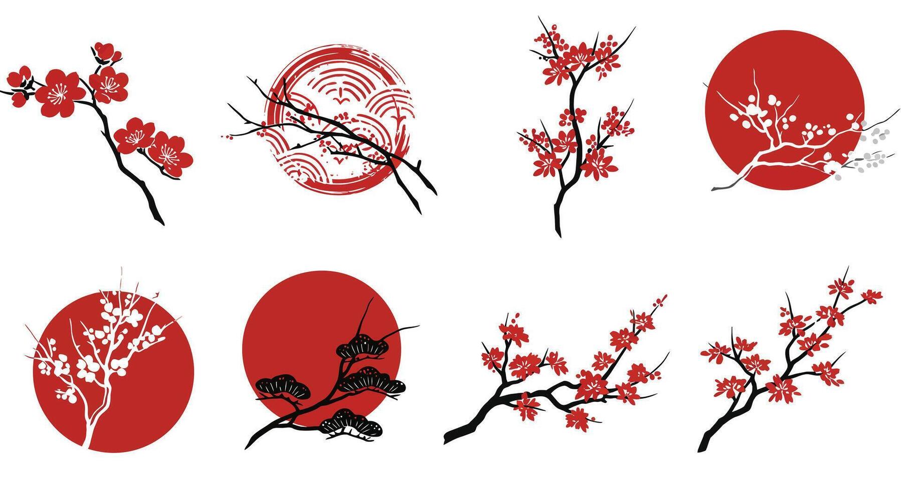 Red cherry blossom branches with circular sun motifs in minimal flat design Japanese style illustration vector