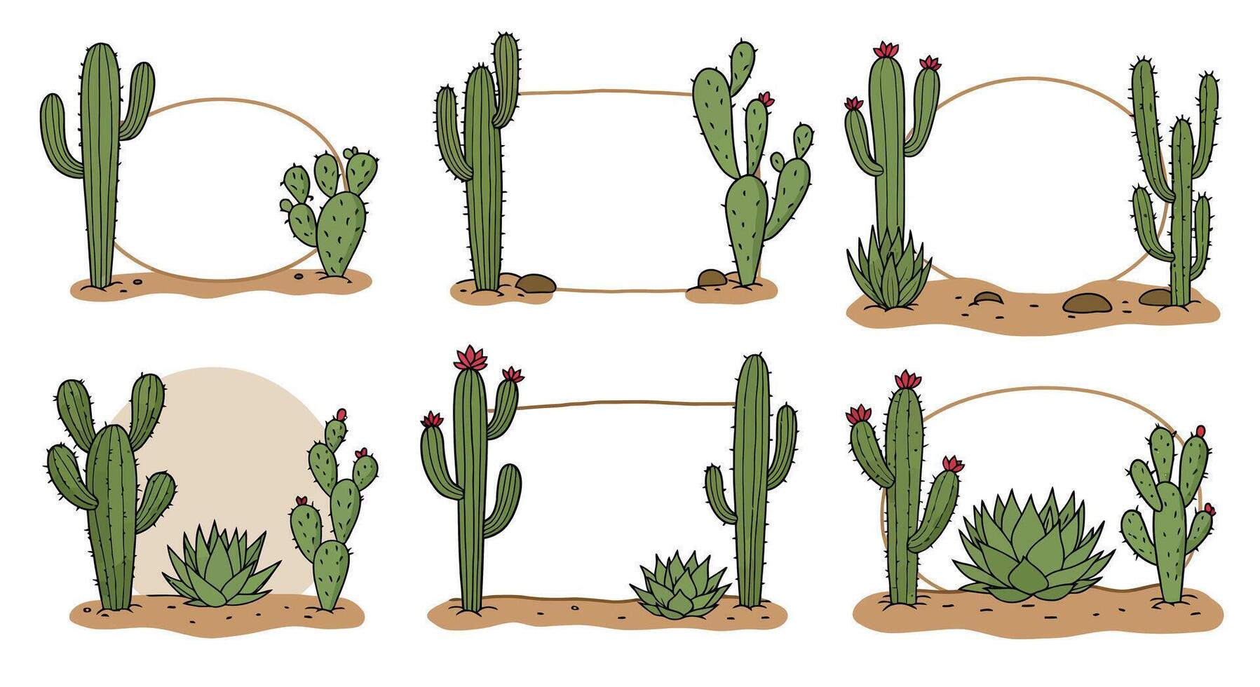 Various green cactus plants with flowers and desert sand in minimal flat style desert frames and borders illustration vector