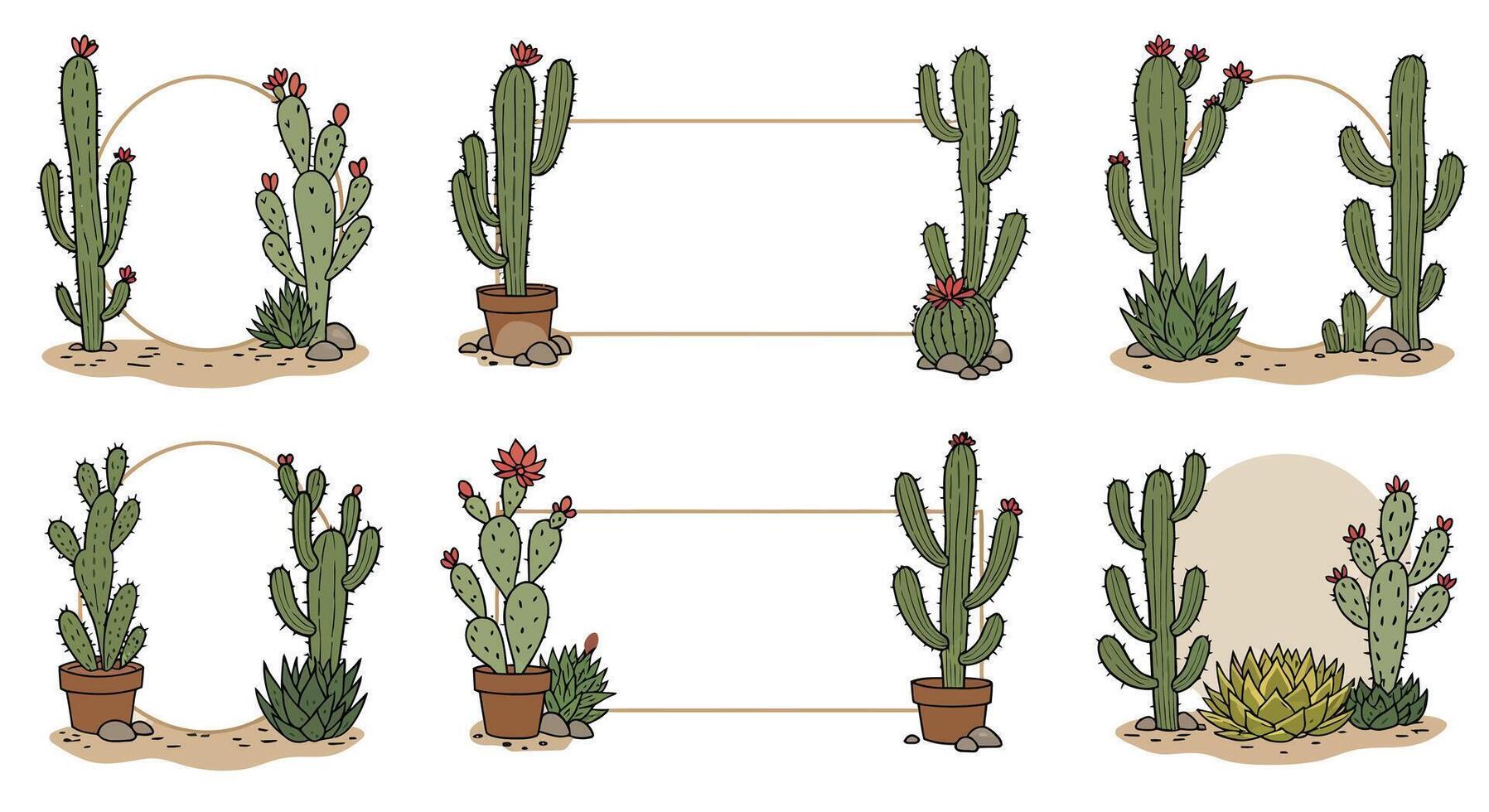 Various green cactus plants with flowers in pots and desert soil in detailed flat style illustration vector