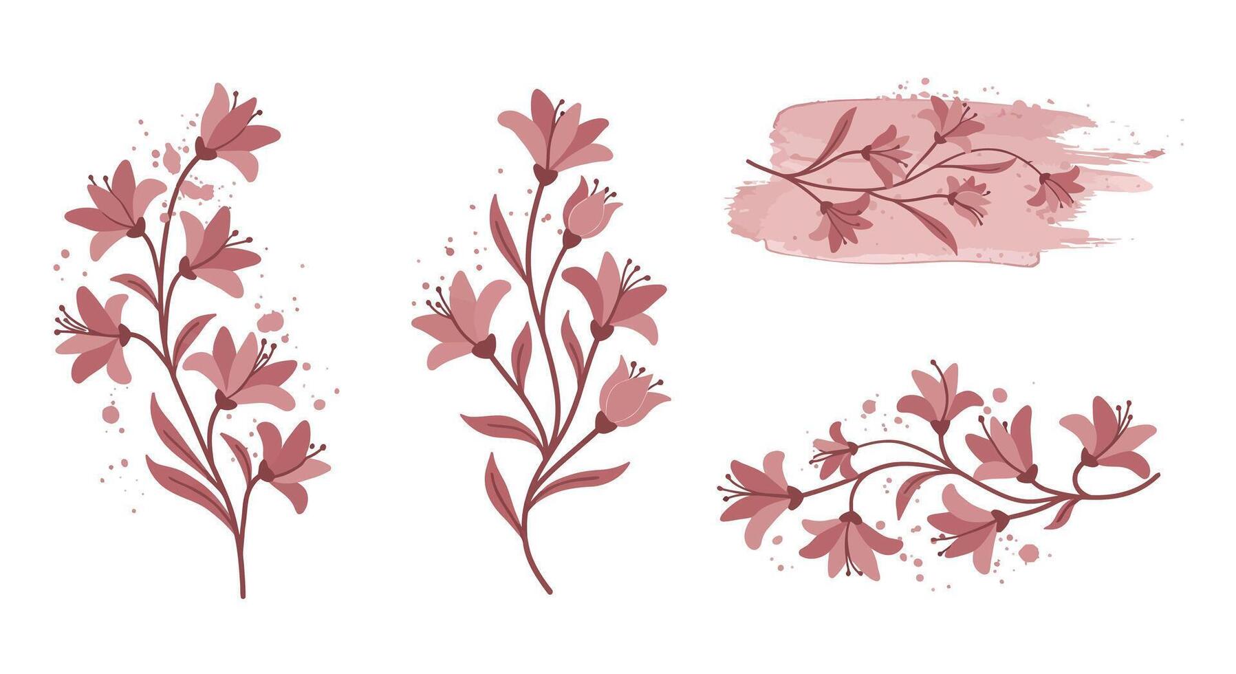 Elegant pink floral branches with delicate leaves and blossoms in minimal flat style illustration vector