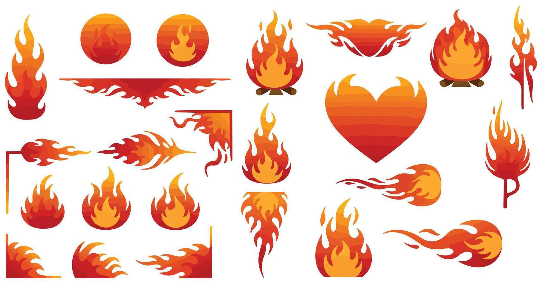 Various stylized orange and red flames and fire shapes in flat design set with dynamic motion elements art vector