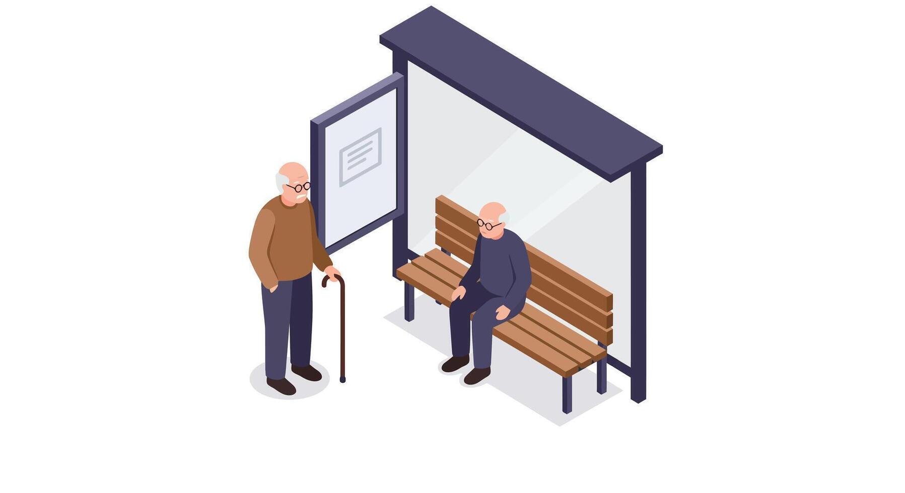 Two elderly men in minimal flat design at a bus stop with wooden bench and glass shelter illustration vector