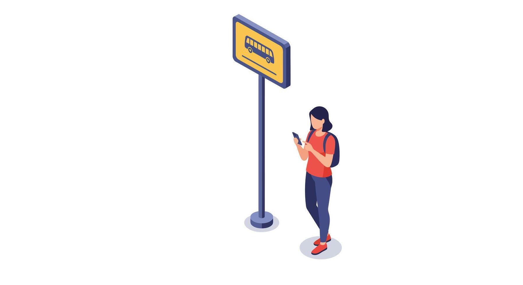 Young woman waiting at bus stop using smartphone in flat minimal urban illustration vector