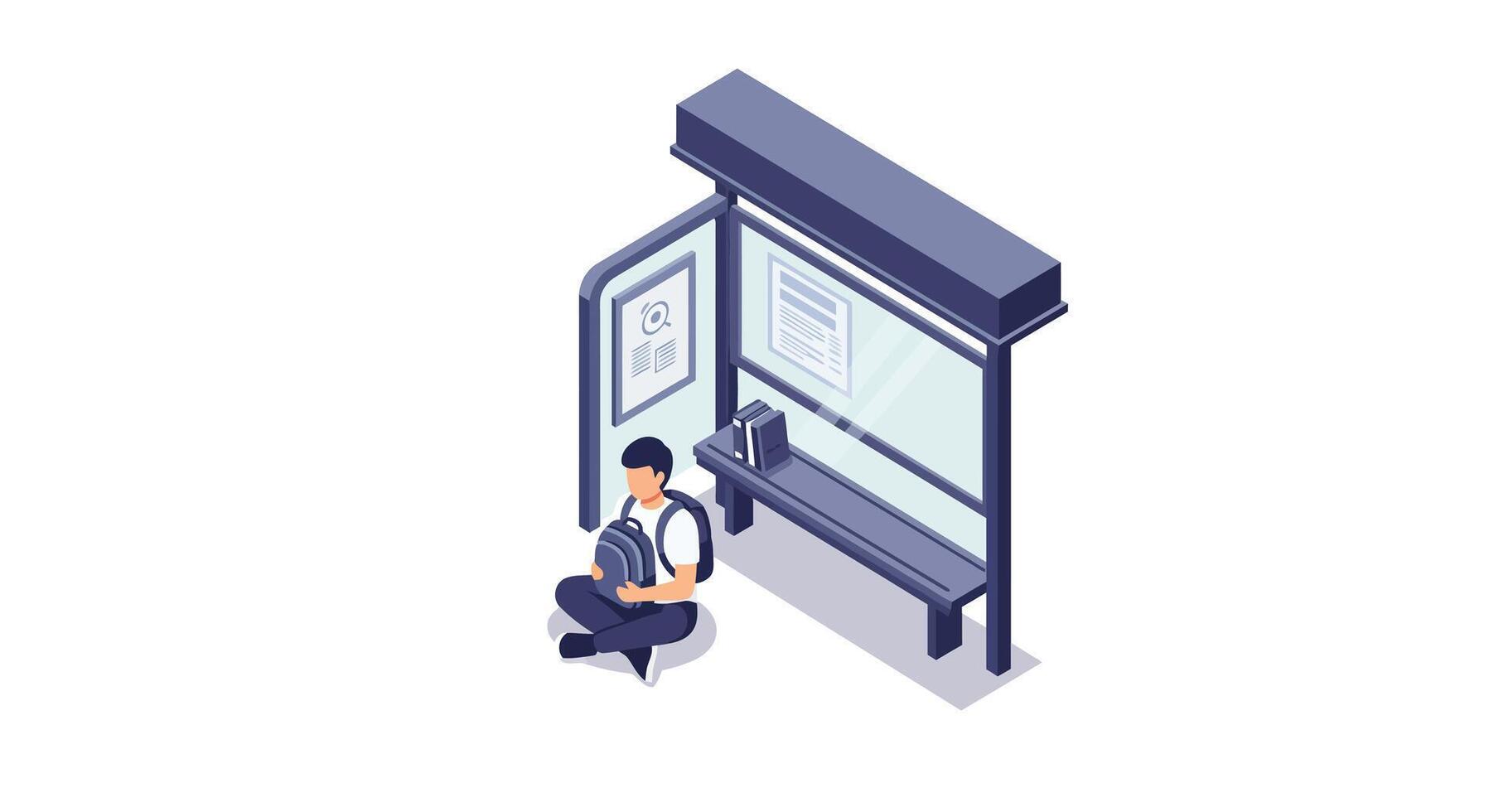 Young man sitting alone at bus stop shelter reading book in minimal isometric style illustration vector