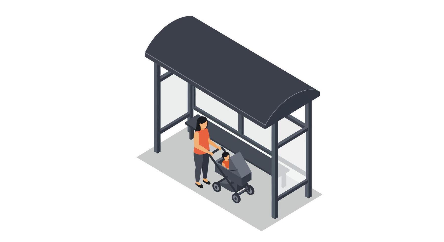 Woman pushing stroller under minimalist bus stop shelter in flat isometric style illustration vector