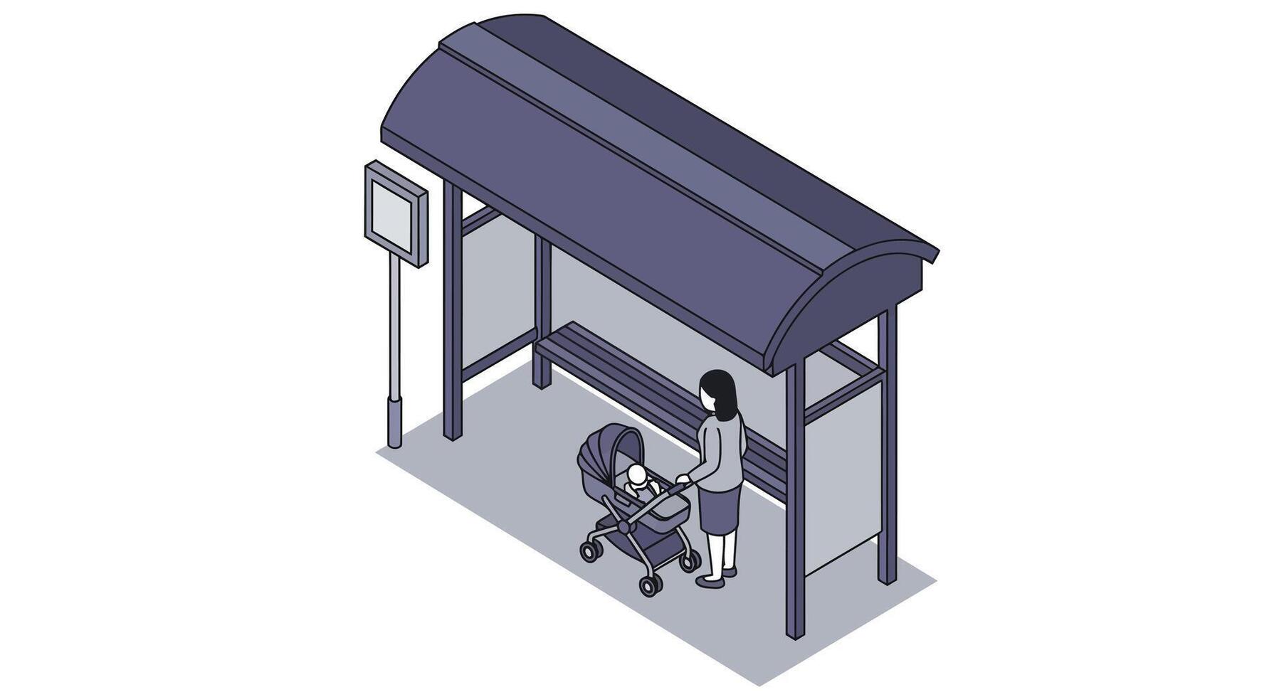 Woman with baby stroller waiting at public bus stop shelter in isometric minimal illustration vector