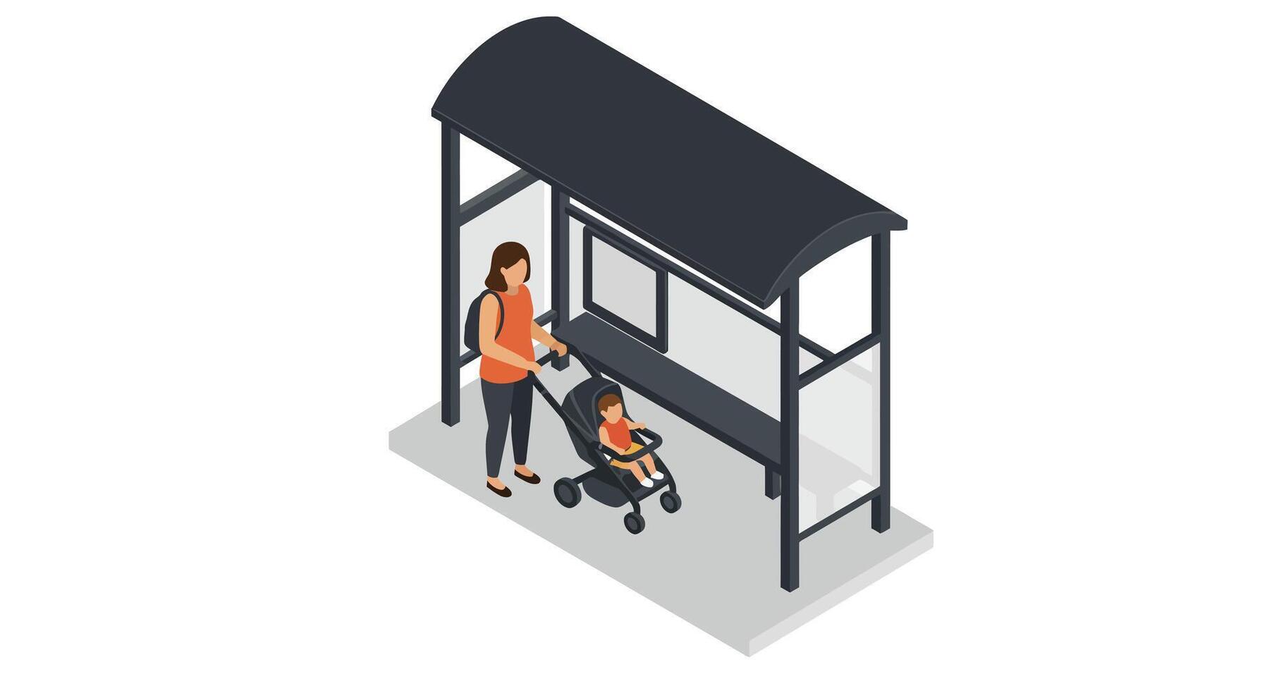Woman pushing stroller with baby waiting at bus stop shelter in minimal flat illustration vector