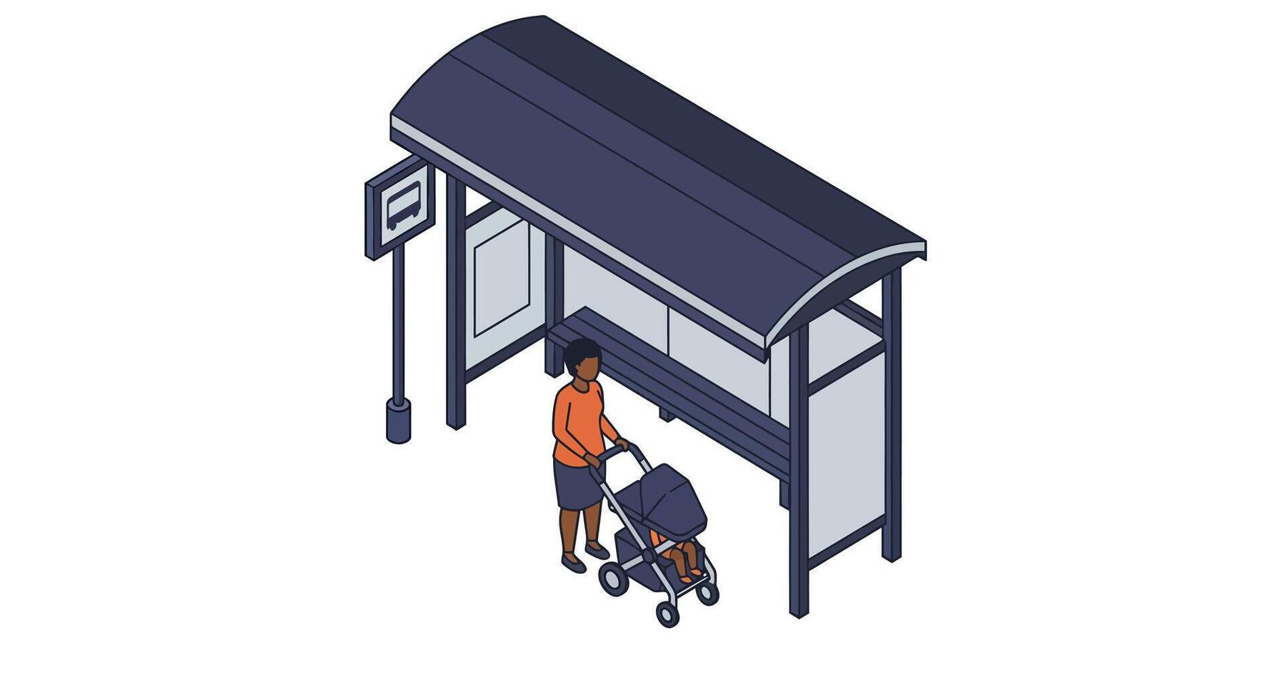 Woman standing with stroller at modern bus stop shelter in flat isometric style illustration vector