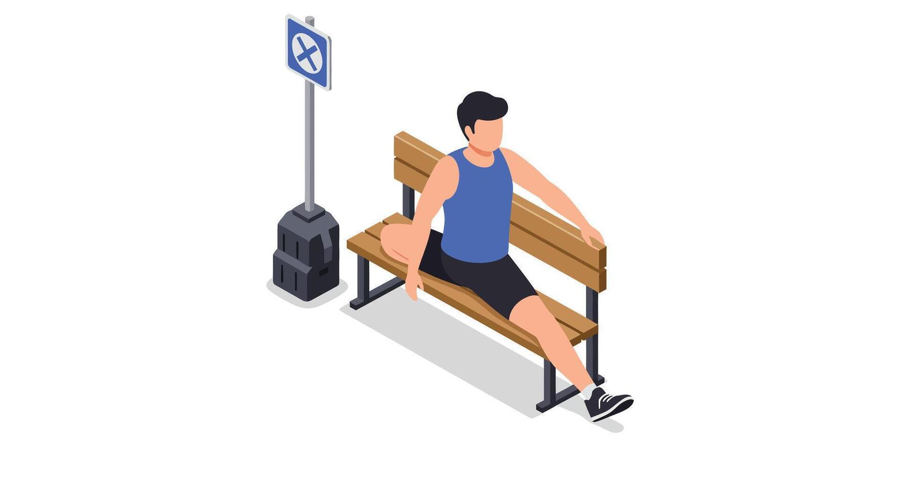 Young man exercising with bench dips near Bluetooth signpost in minimal flat style illustration vector