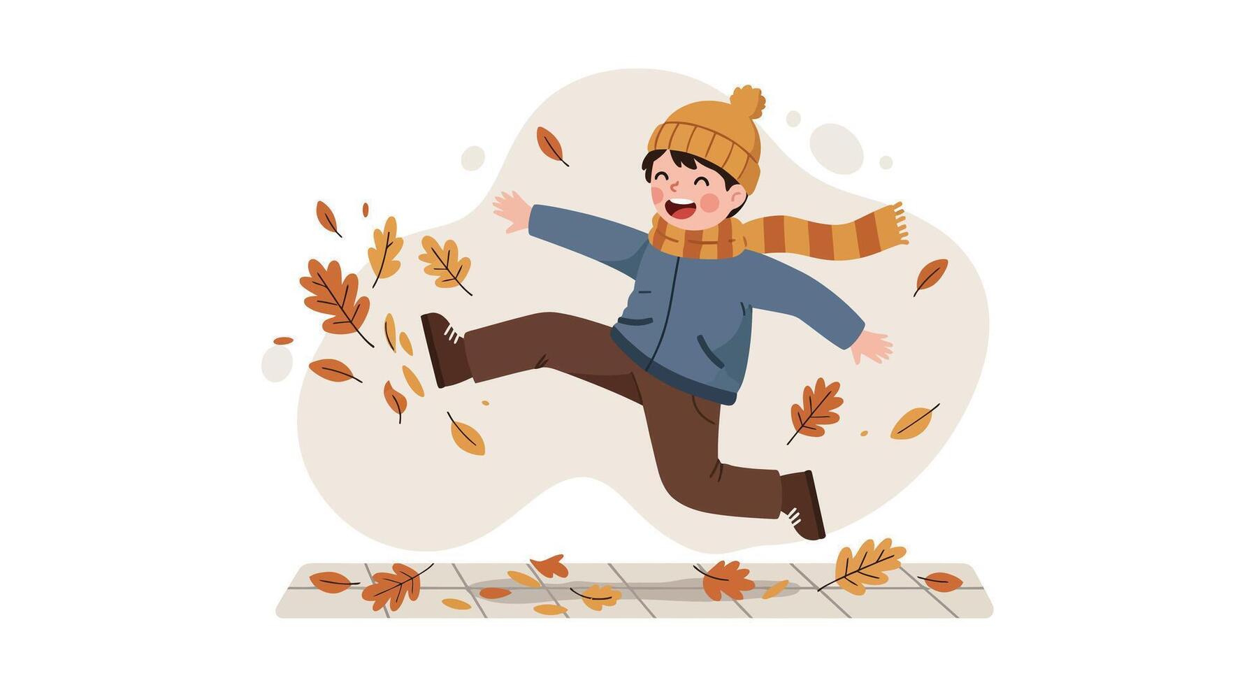 Young boy in winter clothes joyfully jumping through autumn leaves in flat colorful style illustration vector