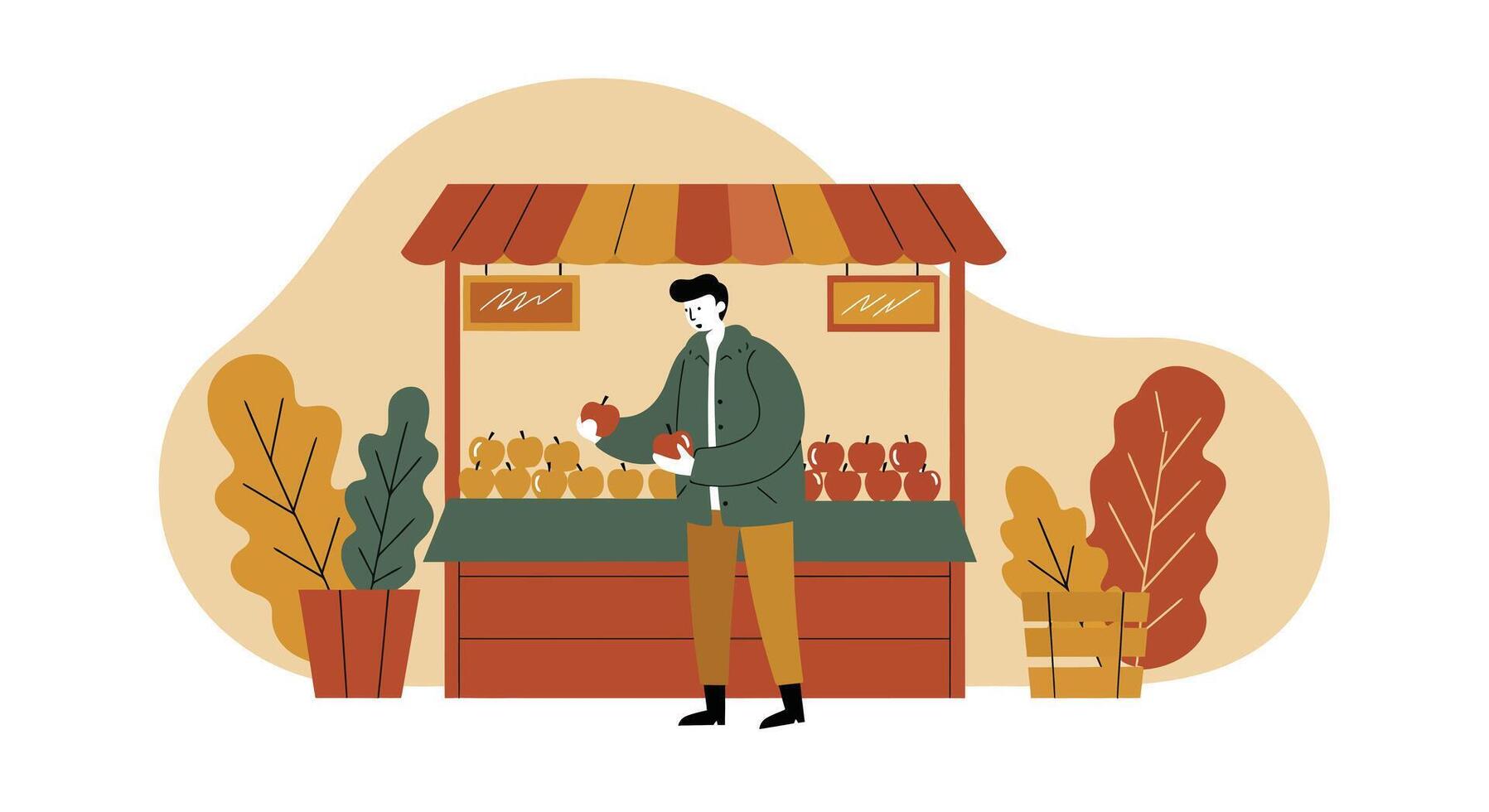Man shopping for fresh vegetables at outdoor market stall with autumn plants flat design illustration vector