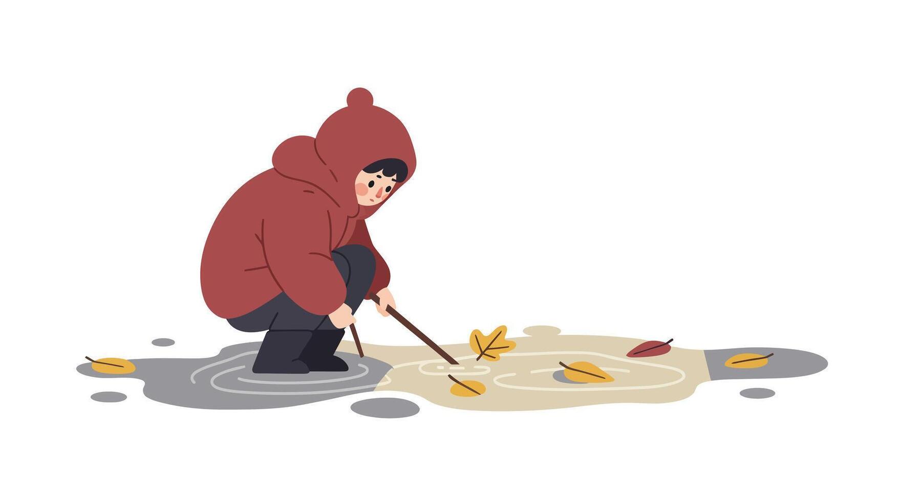 Young child in warm coat playing with autumn leaves in puddle outdoors minimal flat illustration vector