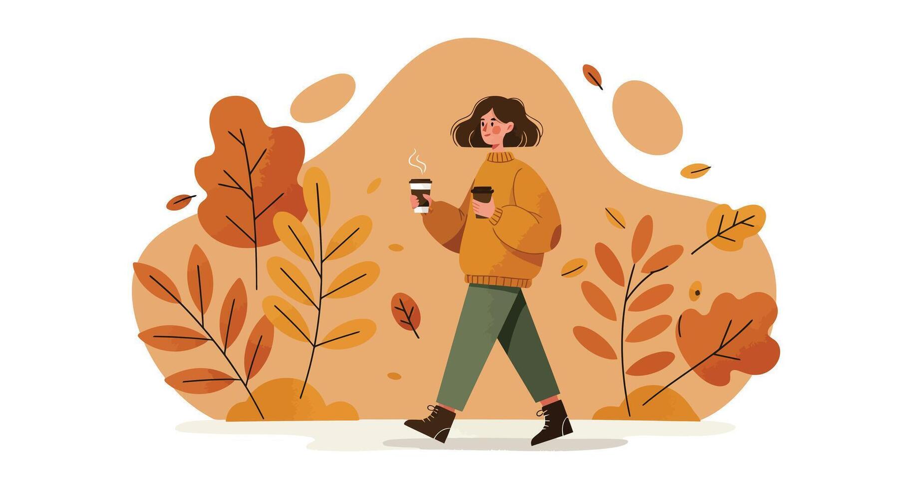 Young woman walking with coffee cup in autumn park flat minimal illustration vector