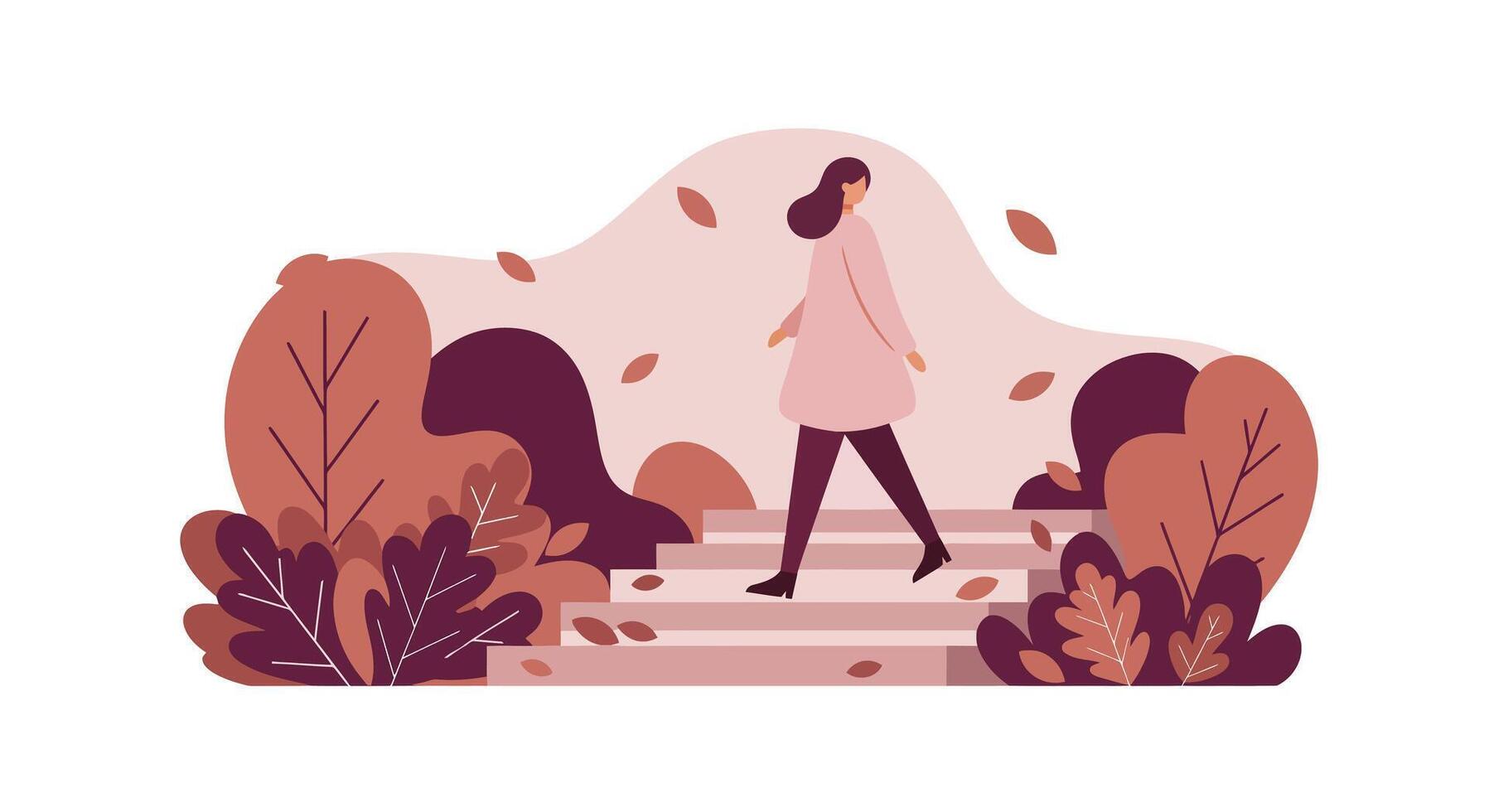 Woman walking outdoors in autumn park flat minimal style illustration vector