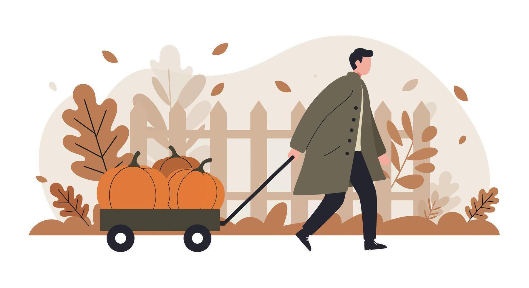 Man pulling cart with pumpkins through autumn garden in flat minimal illustration vector