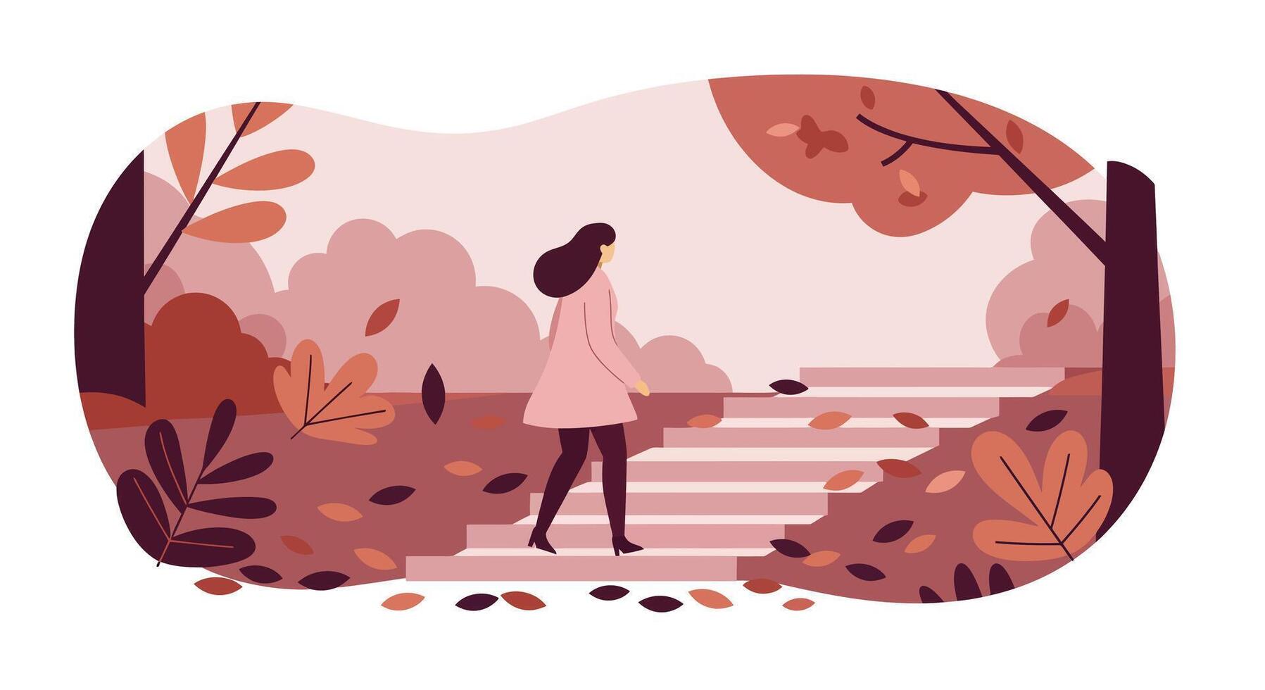 Woman walking in autumn park with falling leaves flat minimal nature scene illustration vector