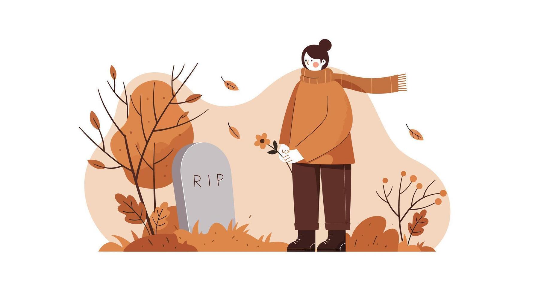 Person in autumn attire standing beside a gravestone with falling leaves flat minimal illustration vector