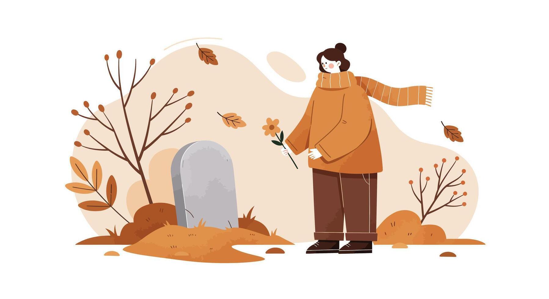 Young person wearing warm clothes standing beside a grave holding a flower flat autumn art vector