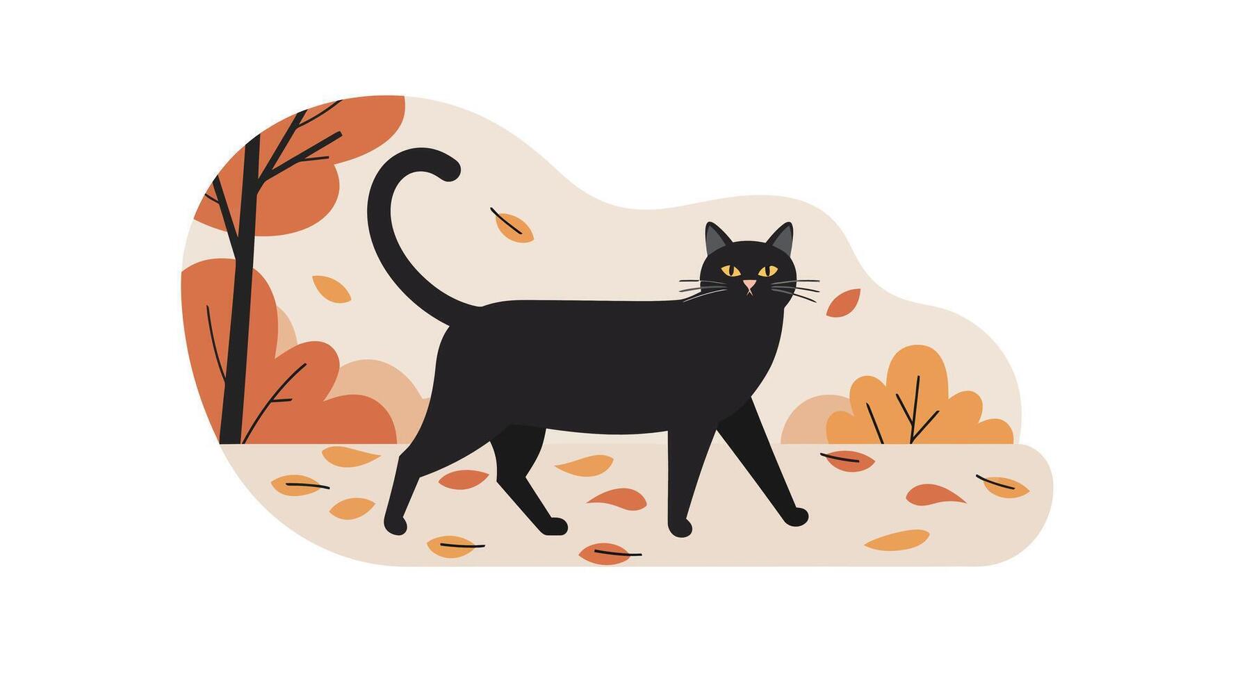 Black cat walking among autumn leaves with orange bushes and tree in flat design illustration vector