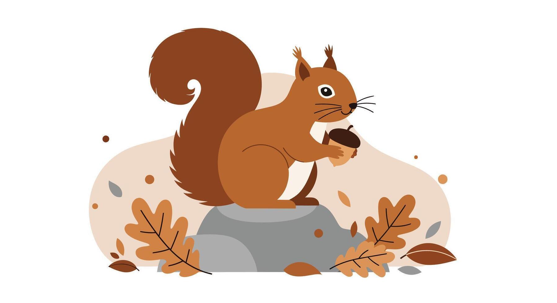Brown squirrel holding an acorn sitting on a rock with autumn leaves flat design illustration vector