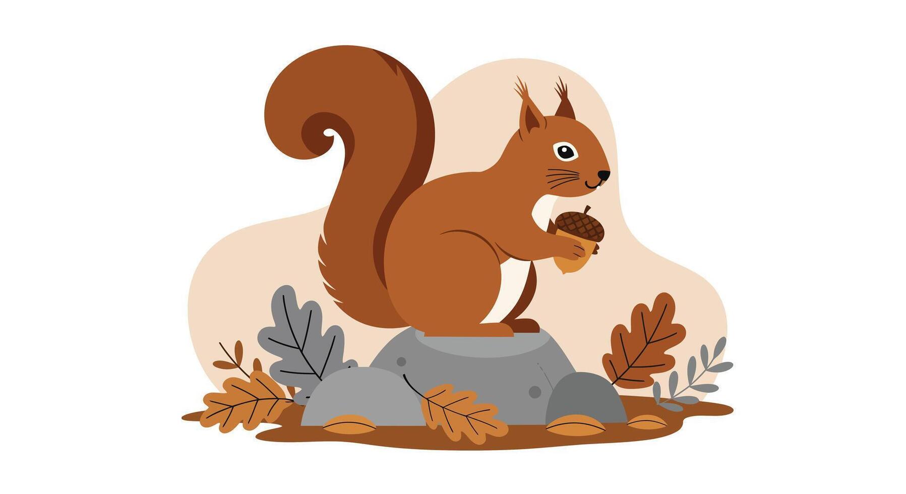 Red squirrel holding acorn on rock with autumn leaves flat design illustration vector